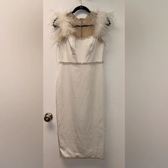 NWOT MAC DUGGAL FEATHER CAP SLEEVE PEARL EMBELLISHED T-LENGTH FIT DRESS sz 6 - Picture 8 of 11